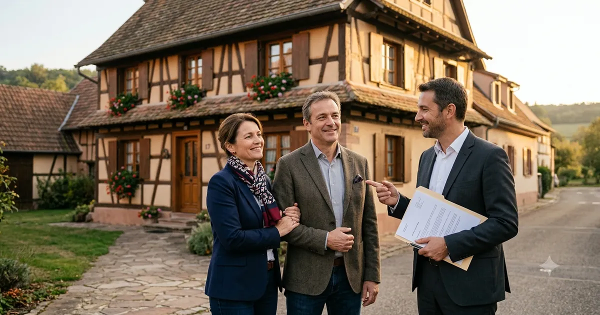 Couple de frontaliers devant leur bien immobilier alsacien avec leur conseiller patrimonial