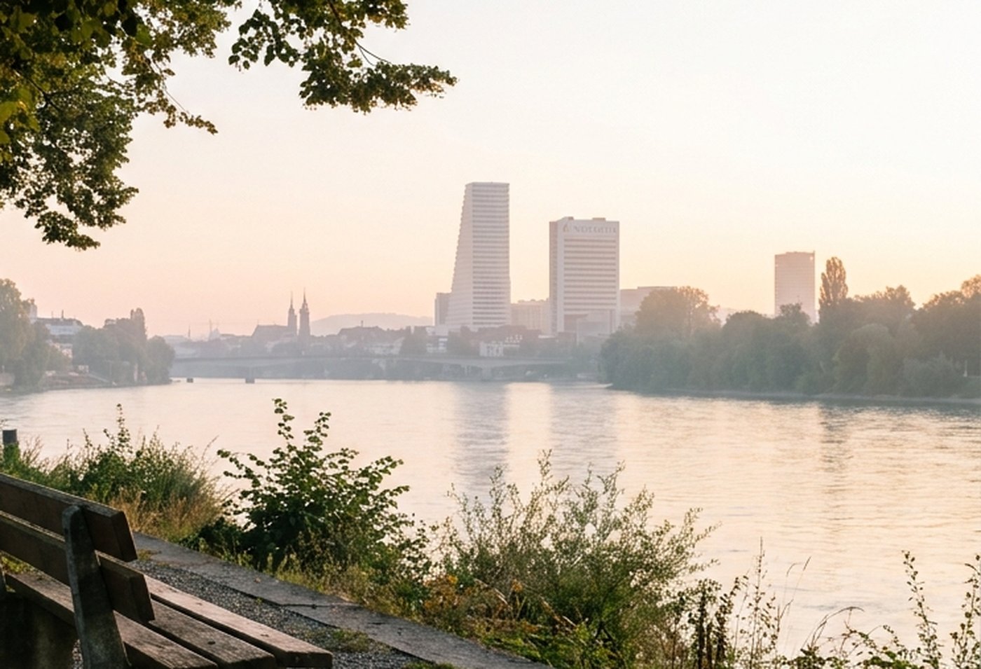 La rive fran&ccedil;aise du Rhin au lever du jour, B&acirc;le en face
