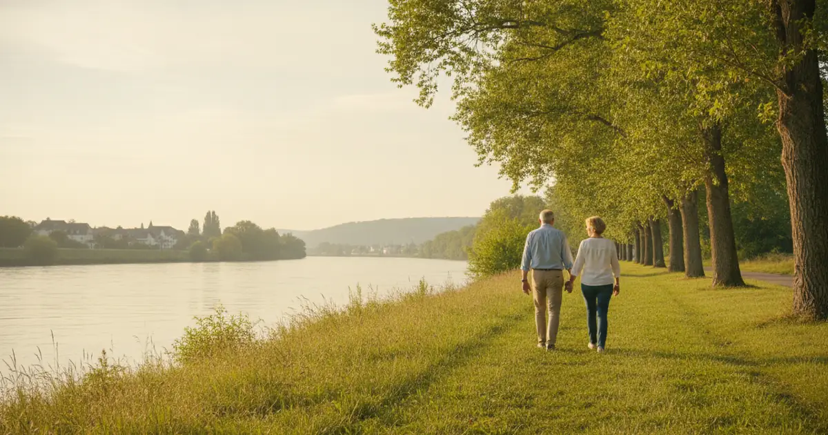 Couple de frontaliers marchant sur la rive francaise du Rhin, region des Trois Frontieres